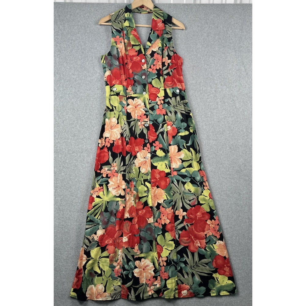 Vintage Scarlett Maxi Dress Womens 10 Red Green Y2K 90s Floral Tropical Button